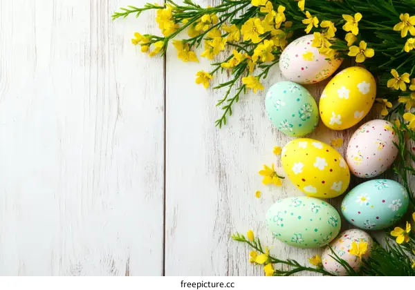 Colorful Easter Eggs Decorated on White Wooden Background