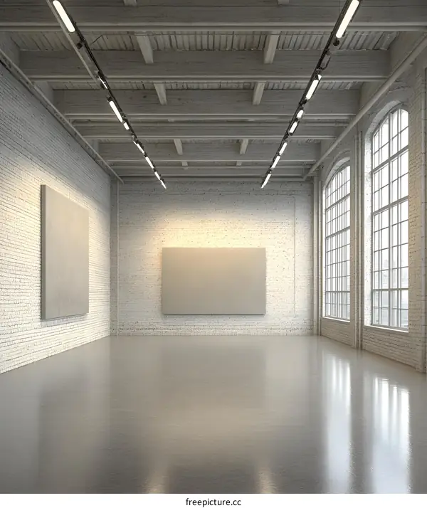 Empty Gallery Room with Brick Wall and Large Windows