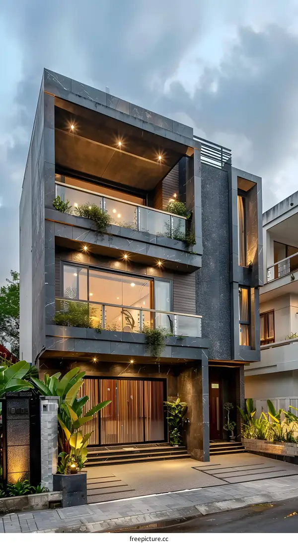 Modern Architecture House Exterior with Stone Facade and Balconies