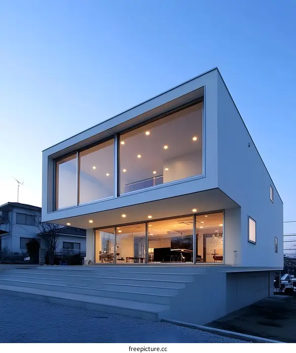 Modern House with Large Windows and Concrete Steps