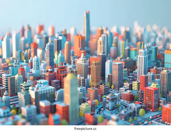 A miniature city with colorful buildings and a blue sky
