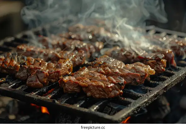 Beef tenderloin steaks cooking on a hot charcoal grill