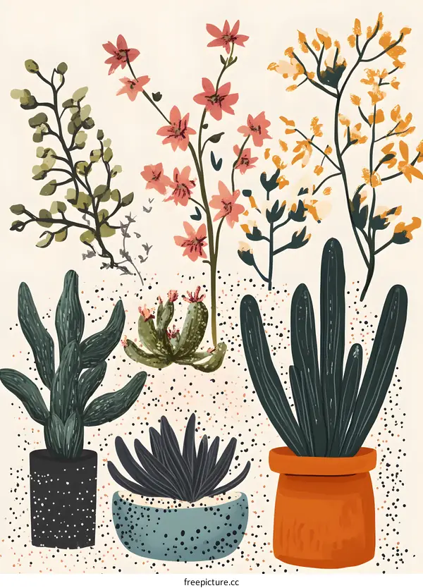 Colorful Illustration of Succulents and Flowers in Pots