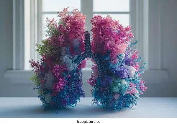 A pair of lungs made of colorful flowers