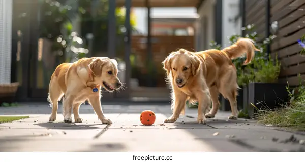 Two Golden Retrievers Playing with a Ball
