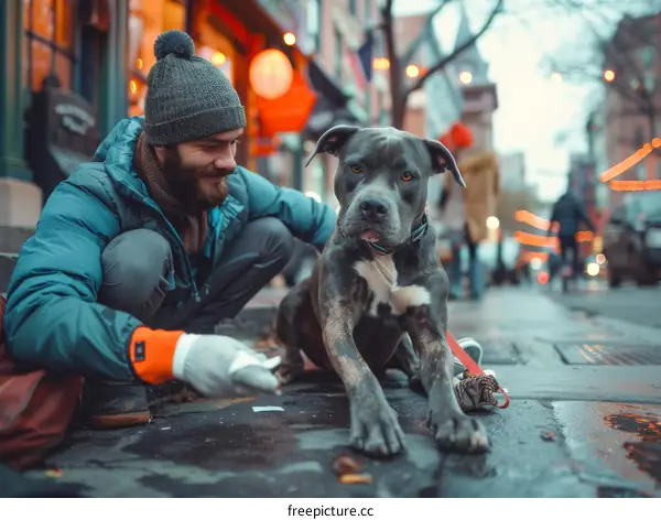 A man and his pit bull terrier dog are sitting on the sidewalk in front of a store.