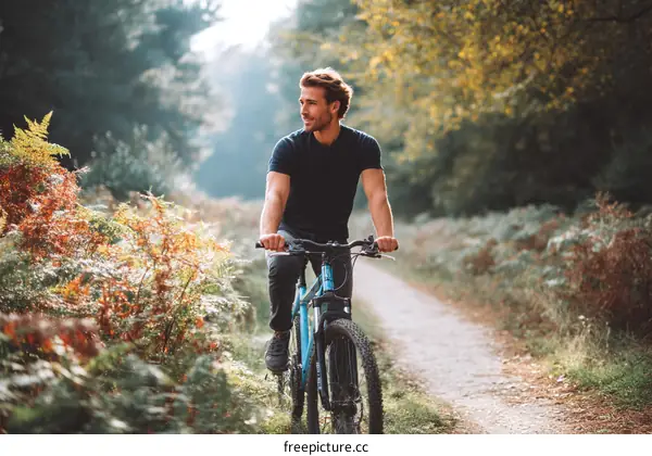 Man Biking in Autumn Forest Pathway