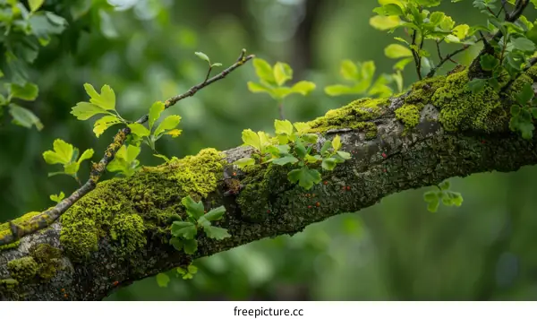 Close-up of a Tree Branch Covered with Vibrant Green Moss and Delicate Leaves