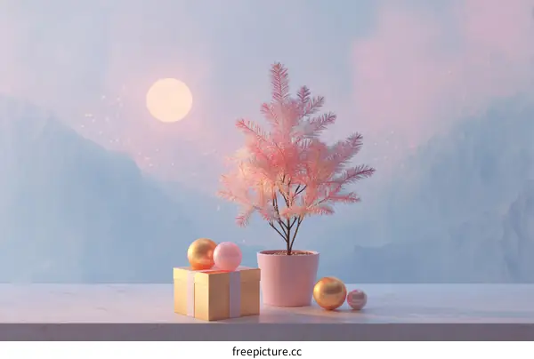 Pink Christmas Tree with Gift and Ornaments