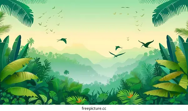 Green Jungle Landscape With Flying Birds And Mountains