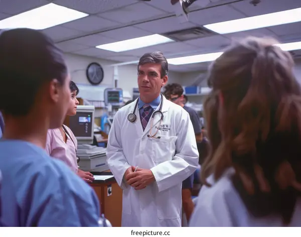 doctor talking to a group of nurses