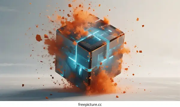 Abstract Cube Structure with Explosive Particles in Motion
