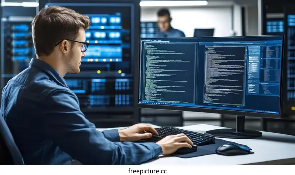 Software Developer Working in a Server Room