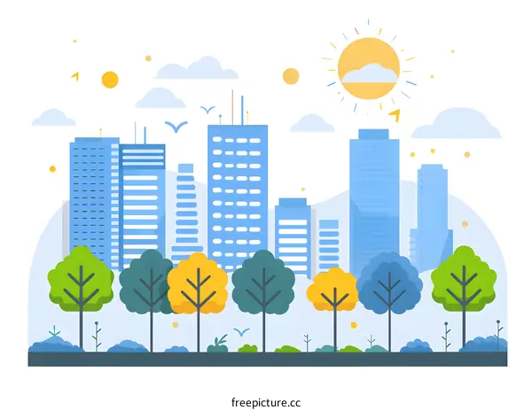Flat Design City Skyline With Trees