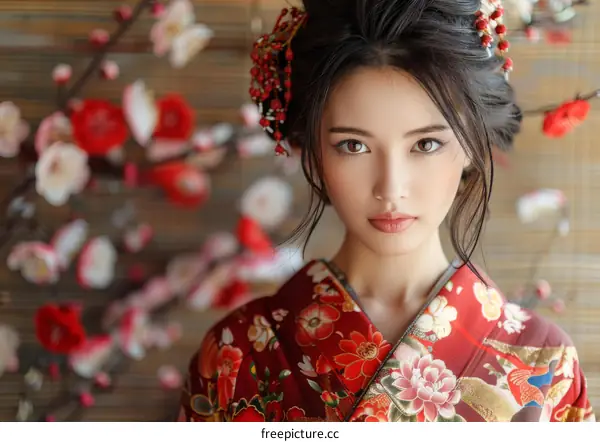 Portrait of a beautiful Asian woman in traditional Japanese kimono