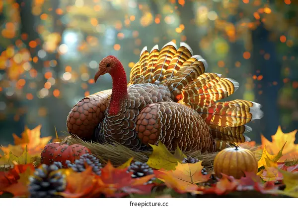 A Thanksgiving turkey sits in a nest of autumn leaves and gourds.