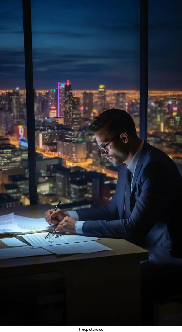 Businessman Working Overtime in a High-Rise Office with City Skyline View