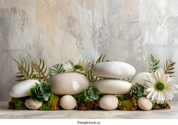 White Stones and Flowers on Moss with Abstract Background