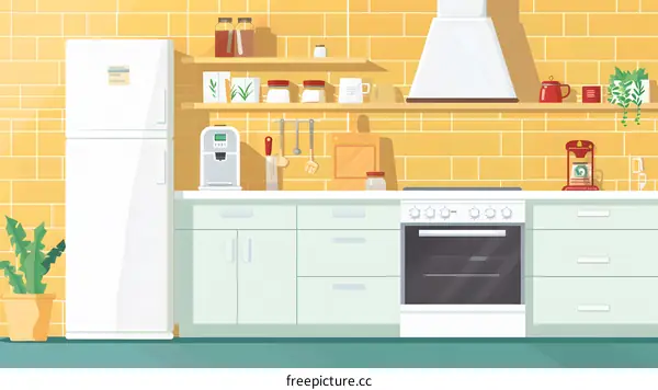 Modern Kitchen Interior Design with White Cabinets and Yellow Brick Walls