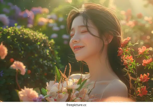 Portrait of a smiling Asian woman in a garden