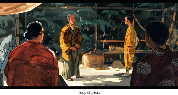 Four People In Traditional Japanese Clothing In A Snowy Forest
