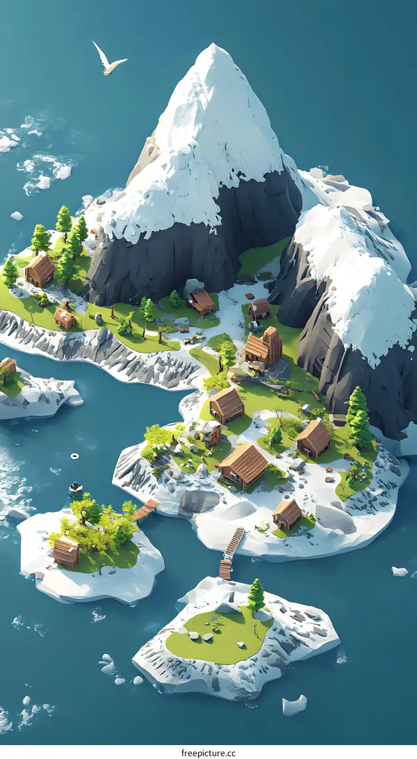 Snowy Mountain Peak With Small Village Illustration