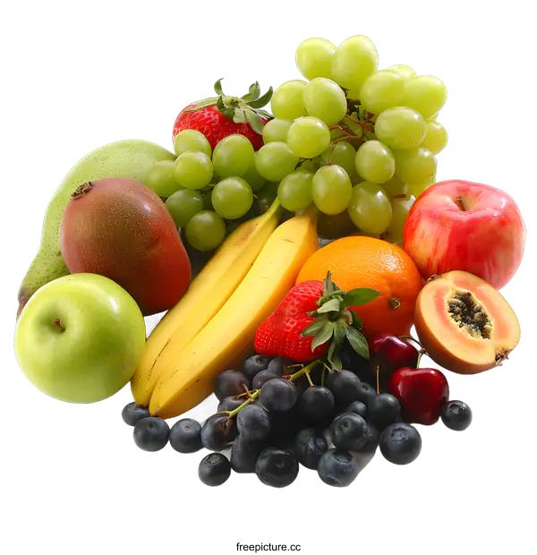 [Transparent Background PNG]Fresh Fruit Arrangement with Green Grapes Mango Apple Banana and Cherries
