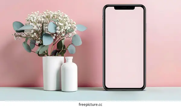 White Vase with Flowers and a Smartphone on a Pink Background