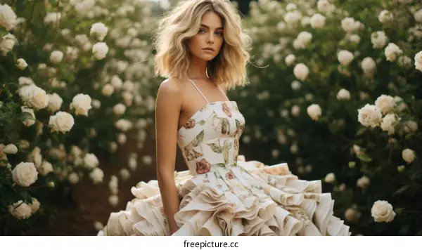 Elegant woman wearing a floral dress standing in a field of white roses