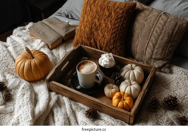 Autumn Cozy Bedtime Tray with Coffee and Pumpkins