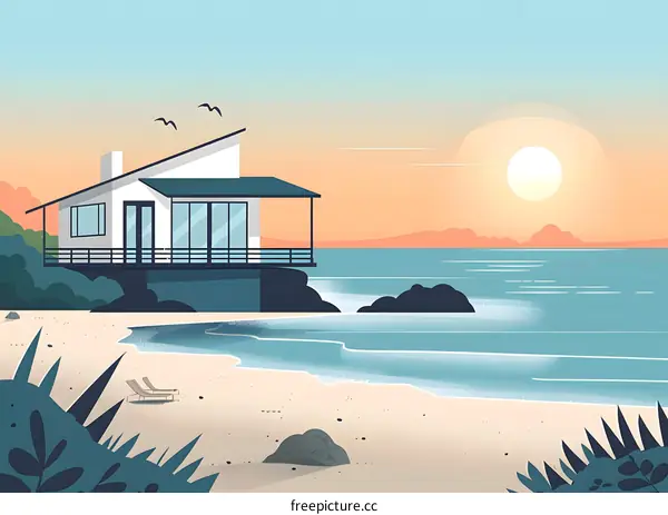 Beach House Sunset Illustration