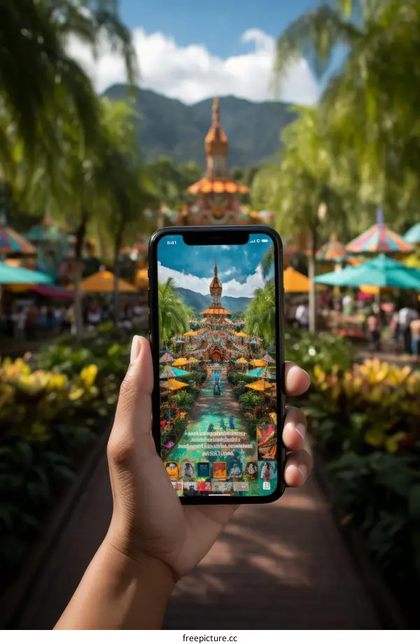A hand holding a phone in front of a colorful theme park