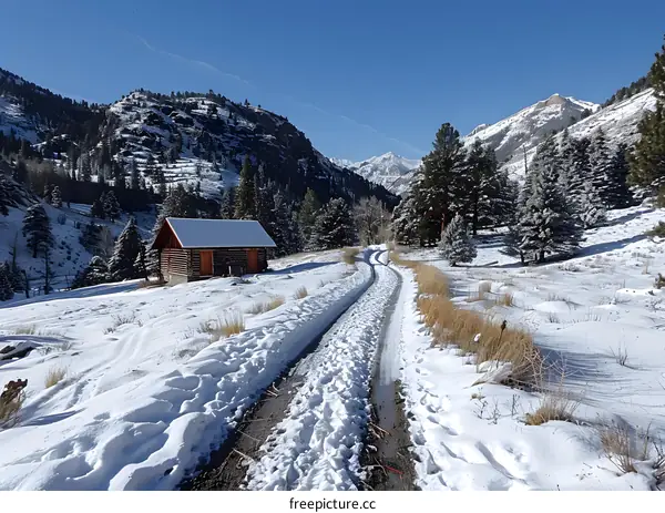 Snow Covered Road Leading To A Cabin In The Mountains