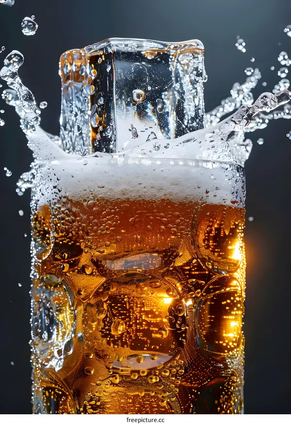 Ice Cube Dropped into Glass of Beer with Splash