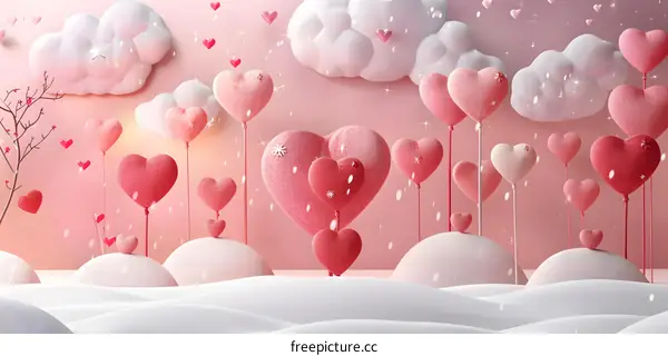 Pink heart-shaped balloons in the snow