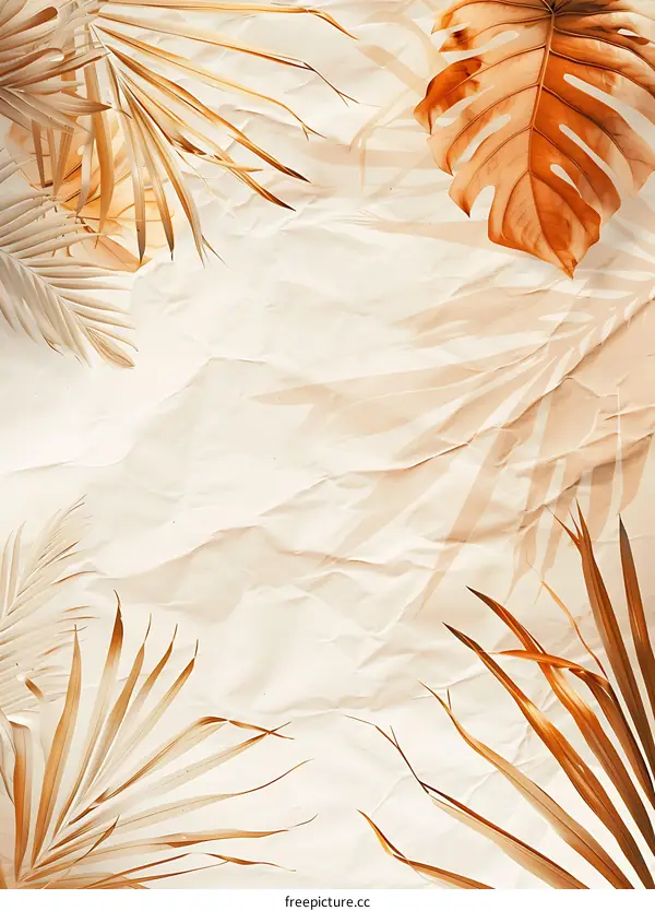 Dried Palm Leaves on Crumpled Paper Background