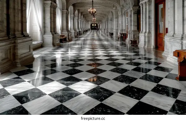 Elegant Checkered Marble Floor in a Palace Corridor