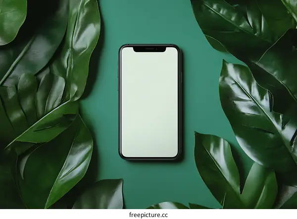 Smartphone with Blank Screen on Green Background with Leaves