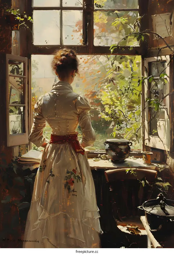 elegant woman in historical clothing standing by the window
