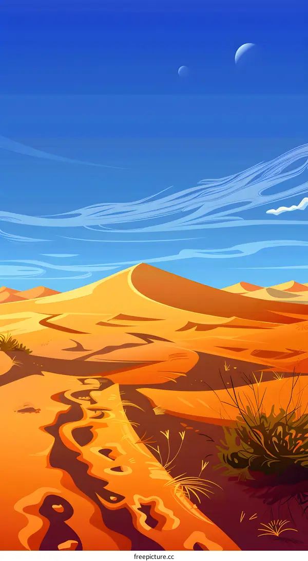 Desert Landscape Illustration With Blue Sky and Two Moons