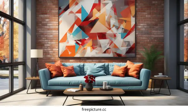 Blue sofa in a modern living room with a geometric painting on the brick wall