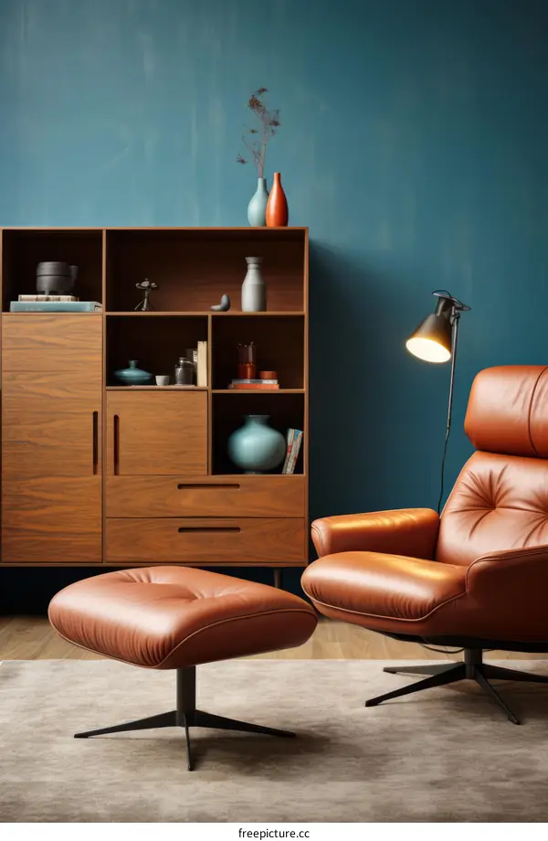 brown leather chair and ottoman with blue wall and shelf in background