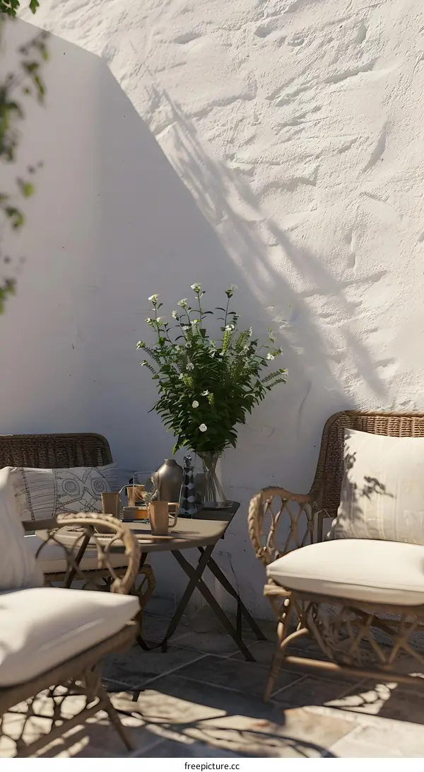 White Wall Patio With Wicker Chairs And Flowers