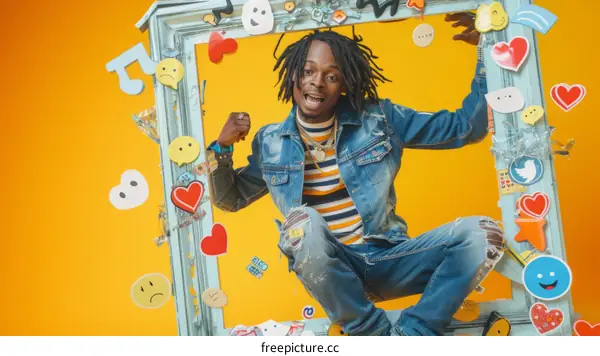 A young African-American man poses in a frame decorated with social media icons