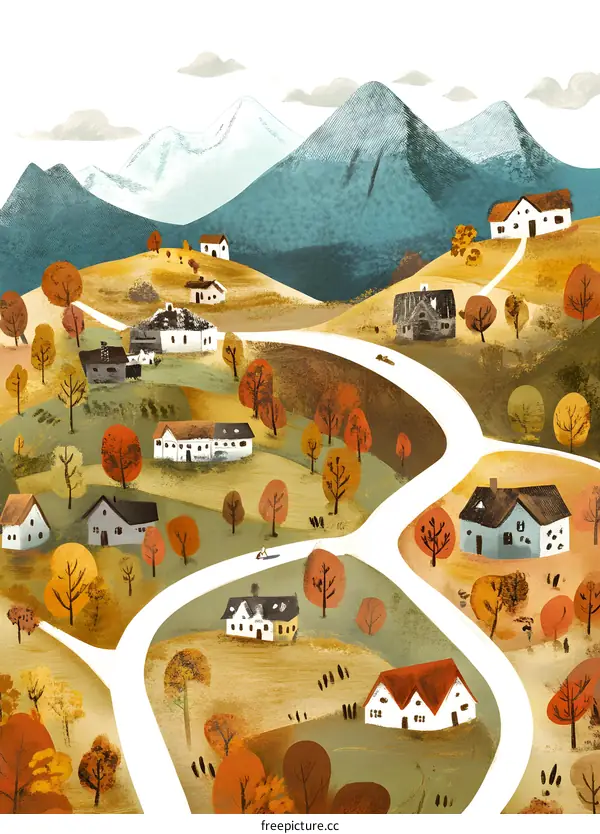 Autumn Landscape Illustration with Winding Road and Houses