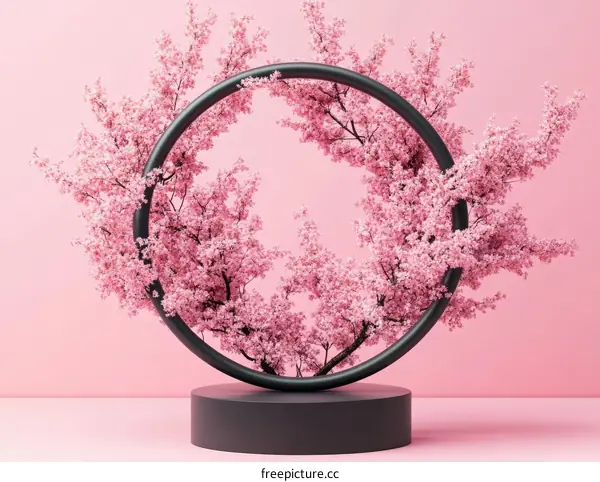 Pink Cherry Blossom Tree in a Circle Frame