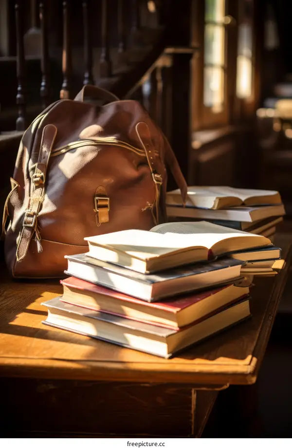 Leather Backpack and Books on the Wooden Table