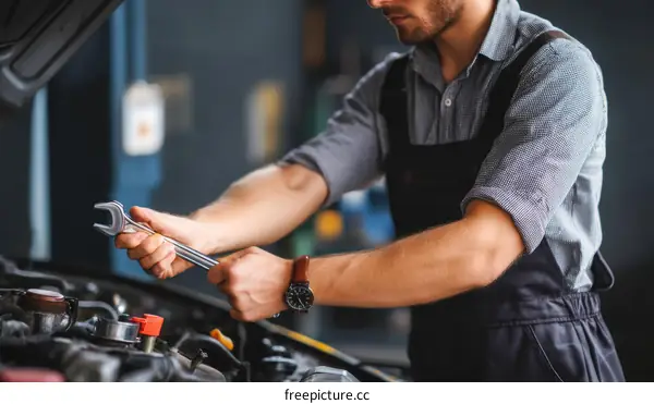 Auto Mechanic Working on a Car Engine