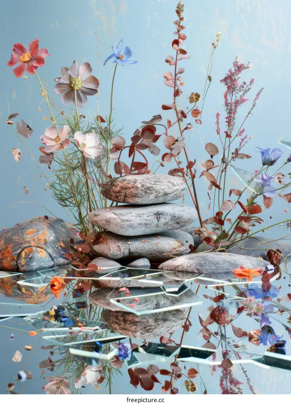 Zen Still Life: Rocks, Mirror & Flowers