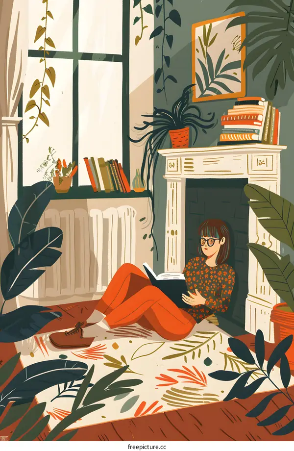 Woman Reading Book In A Cozy Room With Plants